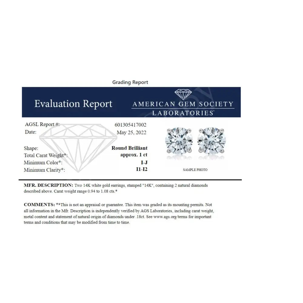 1.0 cttw round diamond solitaire stud earrings in 14k white gold ags bijoux-nyc direct