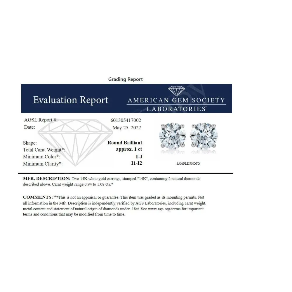 AGS Certified 14K White Gold 1.0 Cttw 4-Prong Set Brilliant Round-Cut Solitaire Diamond Push Back Stud Earrings (I-J Color, I1-I2 Clarity) - Bijoux-NYC Direct
