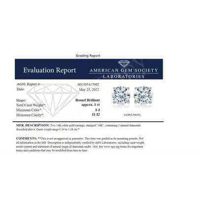 AGS Certified 14K White Gold 1.0 Cttw 4-Prong Set Brilliant Round-Cut Solitaire Diamond Push Back Stud Earrings (I-J Color, I1-I2 Clarity) - Bijoux-NYC Direct