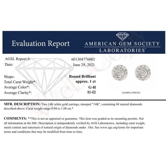 1.0 cttw diamond halo cluster stud earrings in 14k white gold bijoux-nyc direct