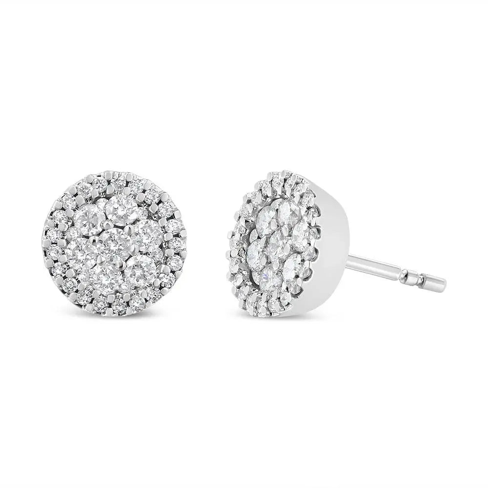 AGS Certified 14K White Gold 1.0 Cttw Brilliant-Cut Diamond Halo-Style Cluster Round Button Stud Earrings (G-H Color, I1-I2 Clarity) - Bijoux-NYC Direct