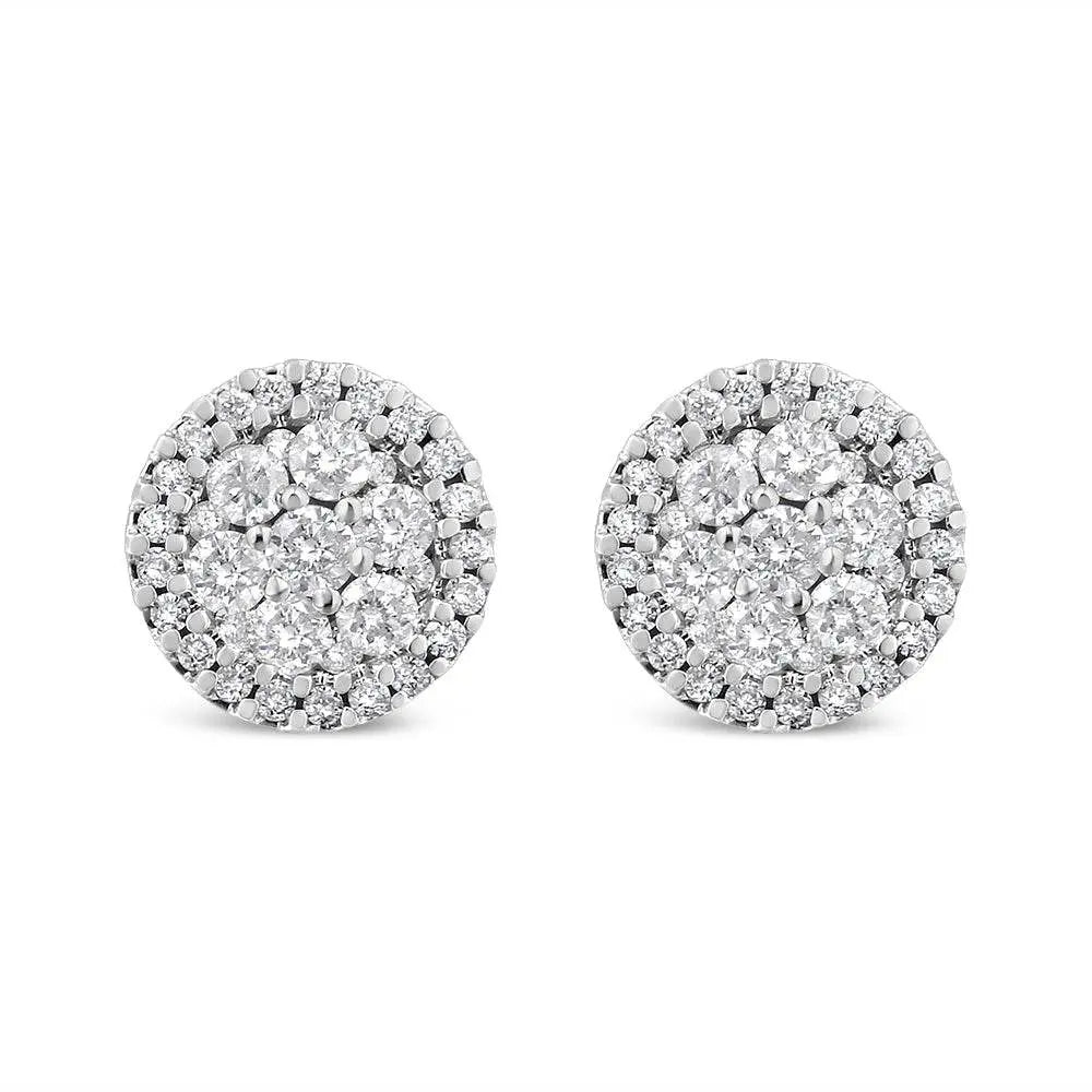 AGS Certified 14K White Gold 1.0 Cttw Brilliant-Cut Diamond Halo-Style Cluster Round Button Stud Earrings (G-H Color, I1-I2 Clarity) - Bijoux-NYC Direct