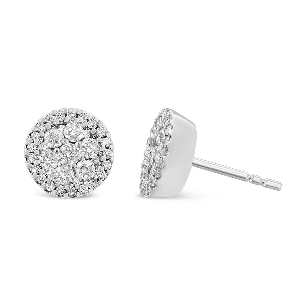 AGS Certified 14K White Gold 1.0 Cttw Brilliant-Cut Diamond Halo-Style Cluster Round Button Stud Earrings (G-H Color, I1-I2 Clarity) - Bijoux-NYC Direct