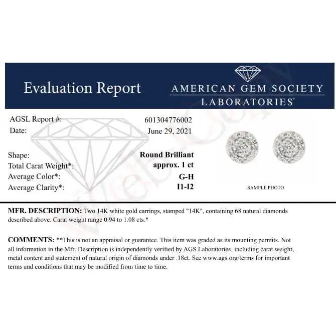 AGS Certified 14K White Gold 1.0 Cttw Brilliant-Cut Diamond Halo-Style Cluster Round Button Stud Earrings (G-H Color, I1-I2 Clarity) - Bijoux-NYC Direct