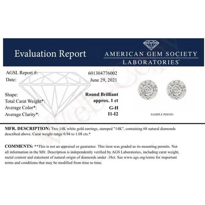 AGS Certified 14K White Gold 1.0 Cttw Brilliant-Cut Diamond Halo-Style Cluster Round Button Stud Earrings (G-H Color, I1-I2 Clarity) - Bijoux-NYC Direct