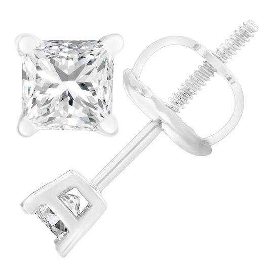 AGS Certified 18K White Gold 1.0 Cttw 4-Prong Set Princess-Cut Solitaire Diamond Screw Back Stud Earrings (E-F Color, SI2-I1 Clarity) - Bijoux-NYC Direct