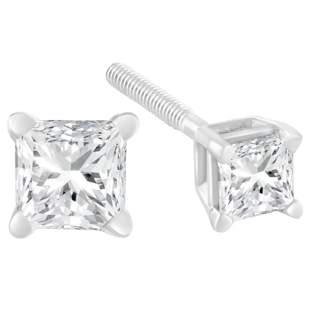 AGS Certified 18K White Gold 1.0 Cttw 4-Prong Set Princess-Cut Solitaire Diamond Screw Back Stud Earrings (E-F Color, SI2-I1 Clarity) - Bijoux-NYC Direct