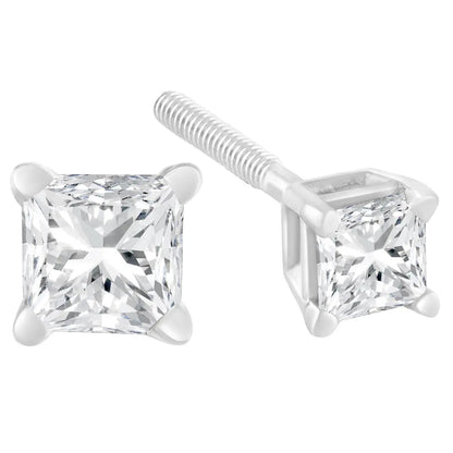 AGS Certified 18K White Gold 1.0 Cttw 4-Prong Set Princess-Cut Solitaire Diamond Screw Back Stud Earrings (E-F Color, SI2-I1 Clarity) - Bijoux-NYC Direct