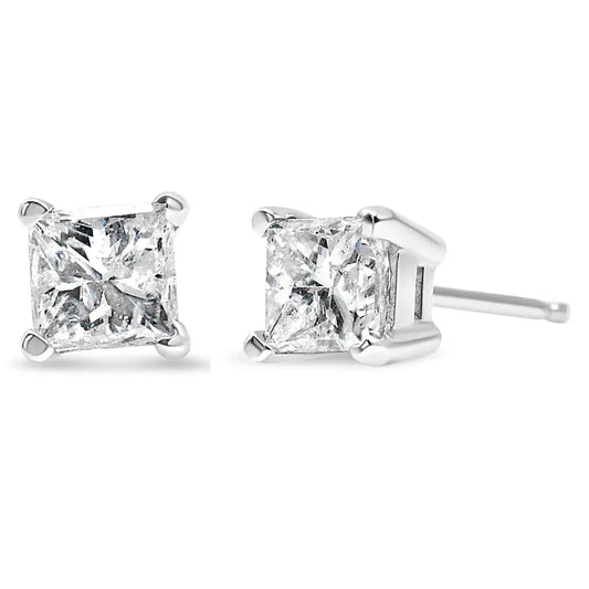 AGS Certified 18K White Gold 1.0 Cttw 4-Prong Set Princess-Cut Solitaire Diamond Screw Back Stud Earrings (E-F Color, SI2-I1 Clarity) - Bijoux-NYC Direct