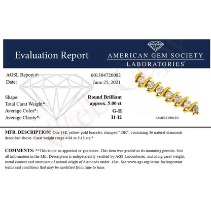 AGS Certified 18K Yellow Gold 5.00 Cttw "S" Link Wrapped 2-Prong Set Round Brilliant Diamond Tennis Bracelet (G-H Color, I1-I2 Clarity) - Size 7 - Bijoux-NYC Direct