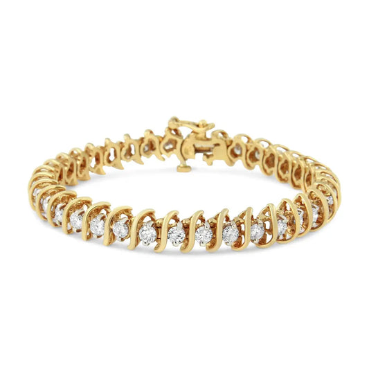 AGS Certified 18K Yellow Gold 5.00 Cttw "S" Link Wrapped 2-Prong Set Round Brilliant Diamond Tennis Bracelet (G-H Color, I1-I2 Clarity) - Size 7 - Bijoux-NYC Direct