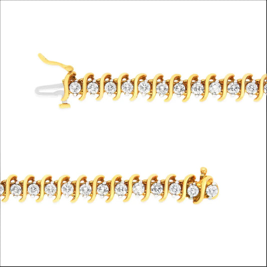 AGS Certified 18K Yellow Gold 5.00 Cttw "S" Link Wrapped 2-Prong Set Round Brilliant Diamond Tennis Bracelet (G-H Color, I1-I2 Clarity) - Size 7 - Bijoux-NYC Direct