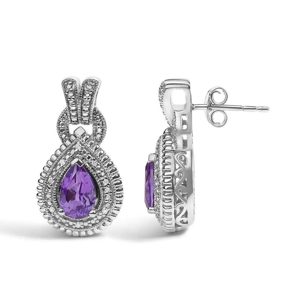 Amethyst and diamond halo teardrop stud earrings in sterling silver bijoux-nyc direct