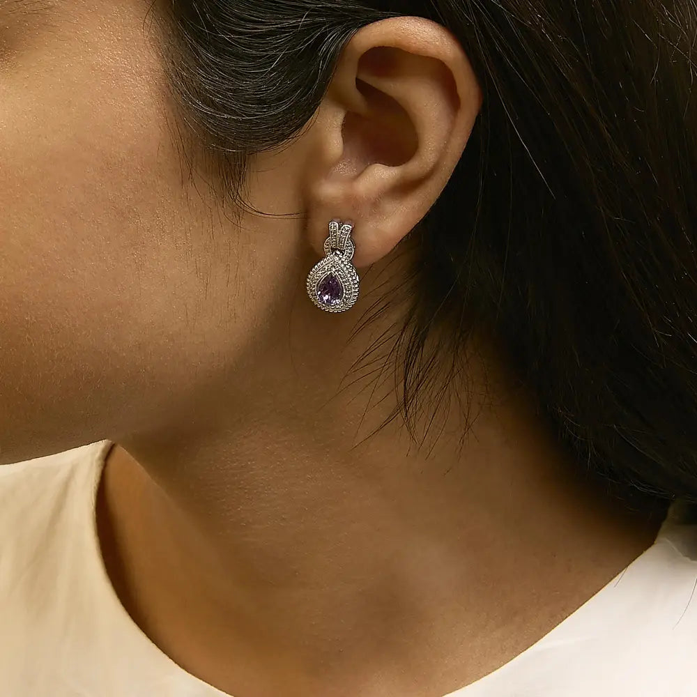 Amethyst and diamond halo teardrop stud earrings in sterling silver bijoux-nyc direct