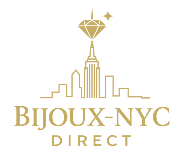 Logo design for Bijoux-NYC Direct featuring a gold NYC skyline with a diamond above, elegant serif typography, and a luxurious high-end aesthetic on a transparent background.