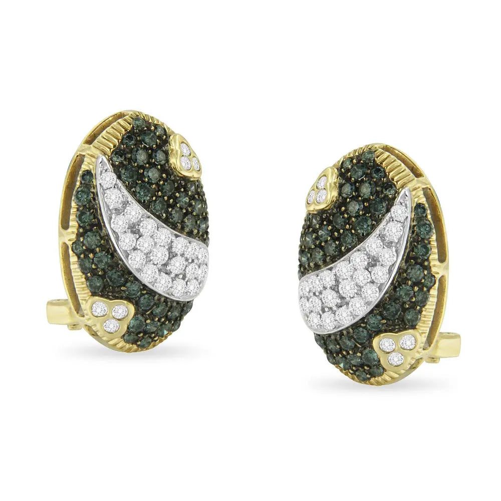Black and White Rhodium over 14K Yellow Gold 2-1/10 Cttw White and Blue Diamond Oval Omega Back Stud Earrings (H-I and Blue Color, SI1-SI2 Clarity) - Bijoux-NYC Direct