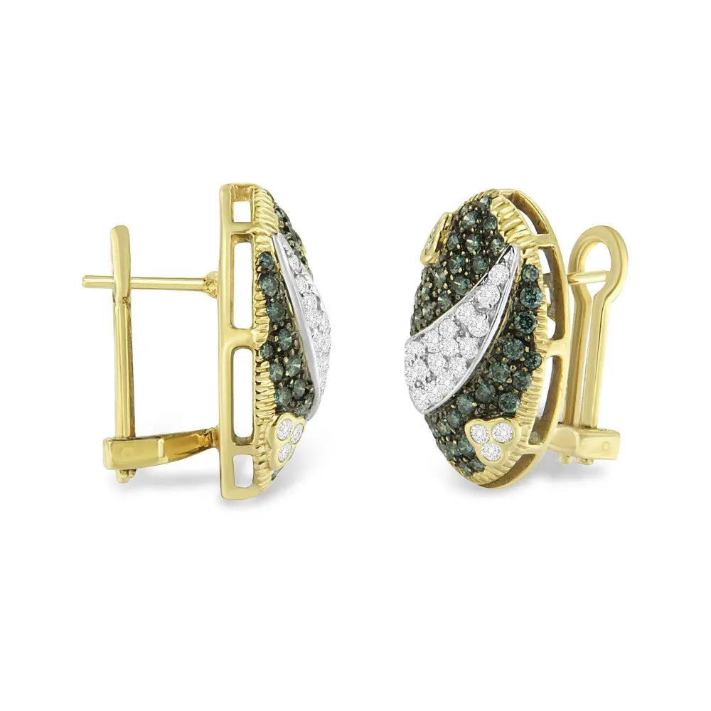 Black and White Rhodium over 14K Yellow Gold 2-1/10 Cttw White and Blue Diamond Oval Omega Back Stud Earrings (H-I and Blue Color, SI1-SI2 Clarity) - Bijoux-NYC Direct