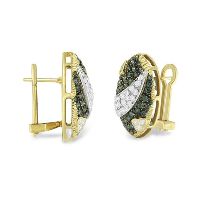 Black and White Rhodium over 14K Yellow Gold 2-1/10 Cttw White and Blue Diamond Oval Omega Back Stud Earrings (H-I and Blue Color, SI1-SI2 Clarity) - Bijoux-NYC Direct