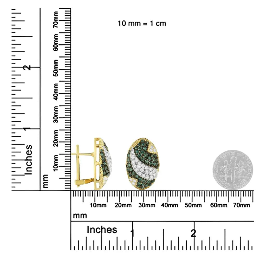 Black and White Rhodium over 14K Yellow Gold 2-1/10 Cttw White and Blue Diamond Oval Omega Back Stud Earrings (H-I and Blue Color, SI1-SI2 Clarity) - Bijoux-NYC Direct