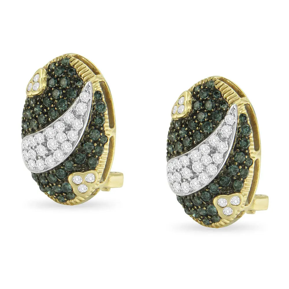 Black and White Rhodium over 14K Yellow Gold 2-1/10 Cttw White and Blue Diamond Oval Omega Back Stud Earrings (H-I and Blue Color, SI1-SI2 Clarity) - Bijoux-NYC Direct