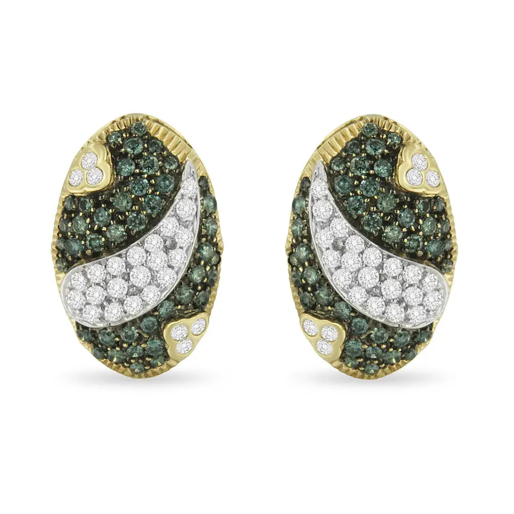 14k yellow gold 2.10 cttw blue and white diamond oval omega stud earrings bijoux-nyc direct