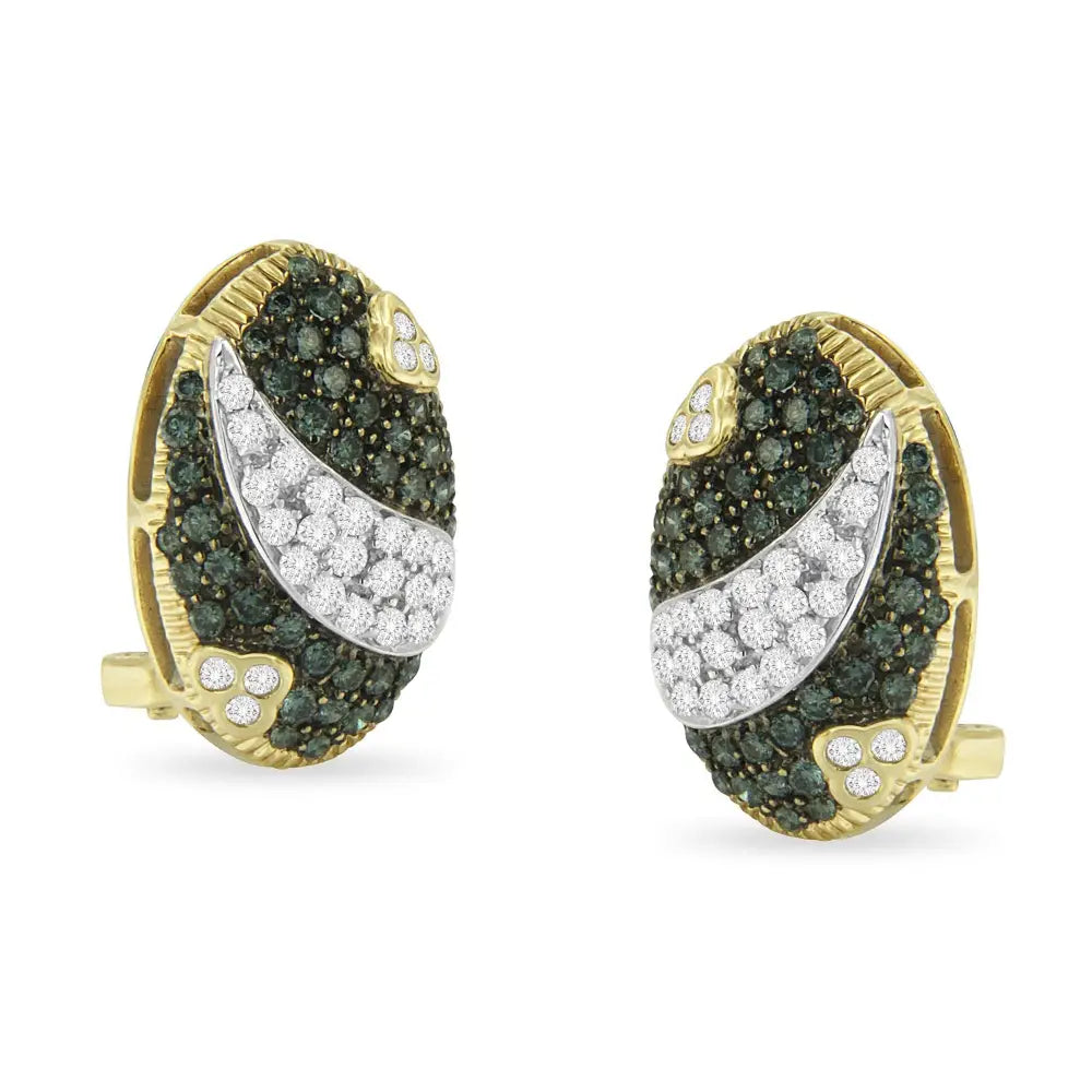 14k yellow gold 2.10 cttw blue and white diamond oval omega stud earrings bijoux-nyc direct