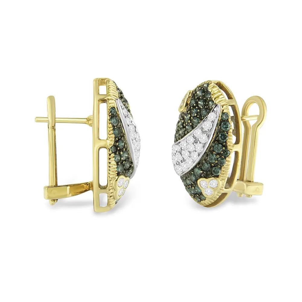 14k yellow gold 2.10 cttw blue and white diamond oval omega stud earrings bijoux-nyc direct