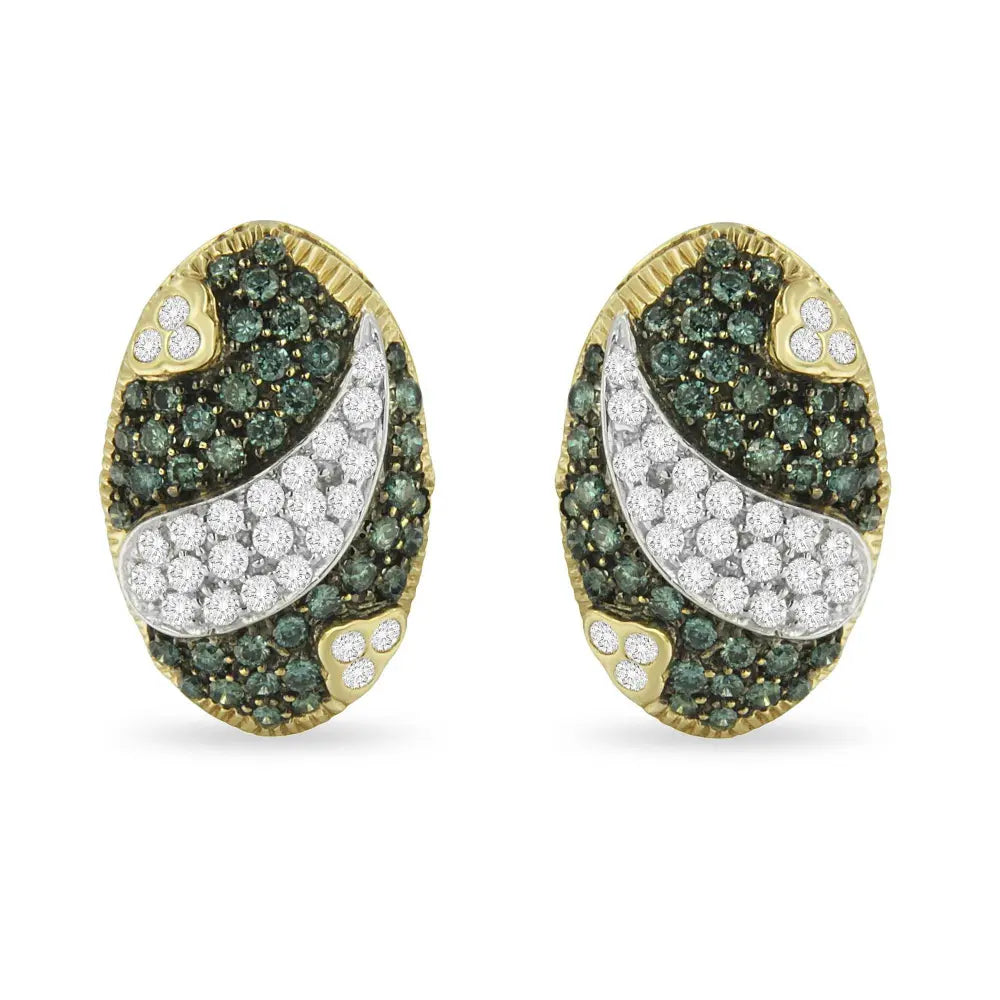 Black and White Rhodium over 14K Yellow Gold 2-1/10 Cttw White and Blue Diamond Oval Omega Back Stud Earrings (H-I and Blue Color, SI1-SI2 Clarity) - Bijoux-NYC Direct