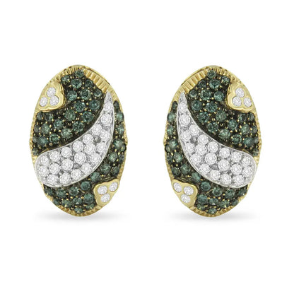 Black and White Rhodium over 14K Yellow Gold 2-1/10 Cttw White and Blue Diamond Oval Omega Back Stud Earrings (H-I and Blue Color, SI1-SI2 Clarity) - Bijoux-NYC Direct