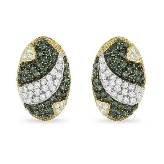 Black and White Rhodium over 14K Yellow Gold 2-1/10 Cttw White and Blue Diamond Oval Omega Back Stud Earrings (H-I and Blue Color, SI1-SI2 Clarity) - Bijoux-NYC Direct