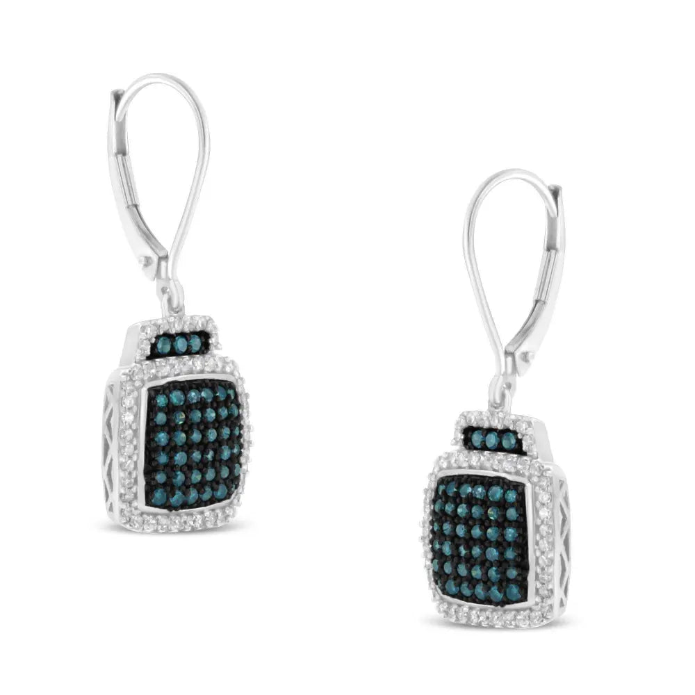 Black Rhodium over .925 Sterling Silver ¾ Cttw Blue and White Diamond Cushion Shaped Dangle Earrings (Enhanced Blue & I-J Color, I2-I3 Clarity) - Bijoux-NYC Direct