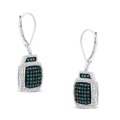 Black Rhodium over .925 Sterling Silver ¾ Cttw Blue and White Diamond Cushion Shaped Dangle Earrings (Enhanced Blue & I-J Color, I2-I3 Clarity) - Bijoux-NYC Direct