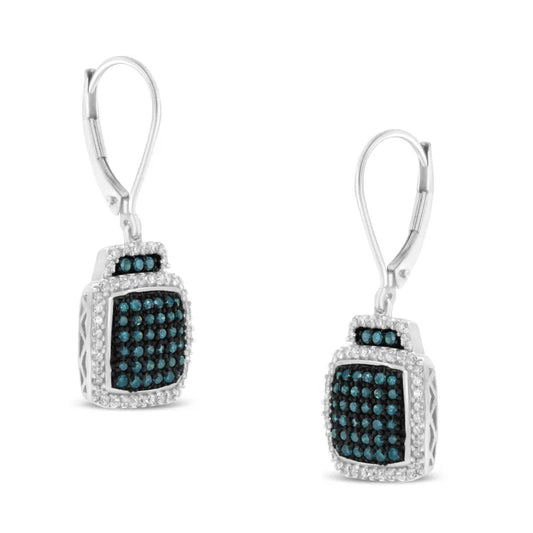 Black Rhodium over .925 Sterling Silver ¾ Cttw Blue and White Diamond Cushion Shaped Dangle Earrings (Enhanced Blue & I-J Color, I2-I3 Clarity) - Bijoux-NYC Direct