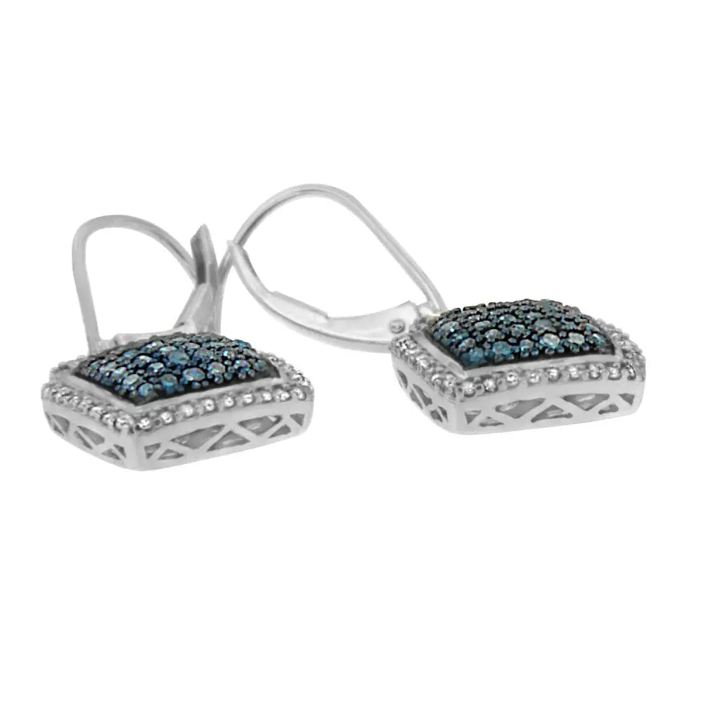 Black Rhodium over .925 Sterling Silver ¾ Cttw Blue and White Diamond Cushion Shaped Dangle Earrings (Enhanced Blue & I-J Color, I2-I3 Clarity) - Bijoux-NYC Direct