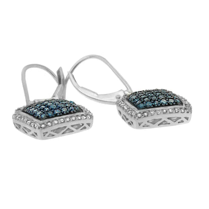 Black Rhodium over .925 Sterling Silver ¾ Cttw Blue and White Diamond Cushion Shaped Dangle Earrings (Enhanced Blue & I-J Color, I2-I3 Clarity) - Bijoux-NYC Direct
