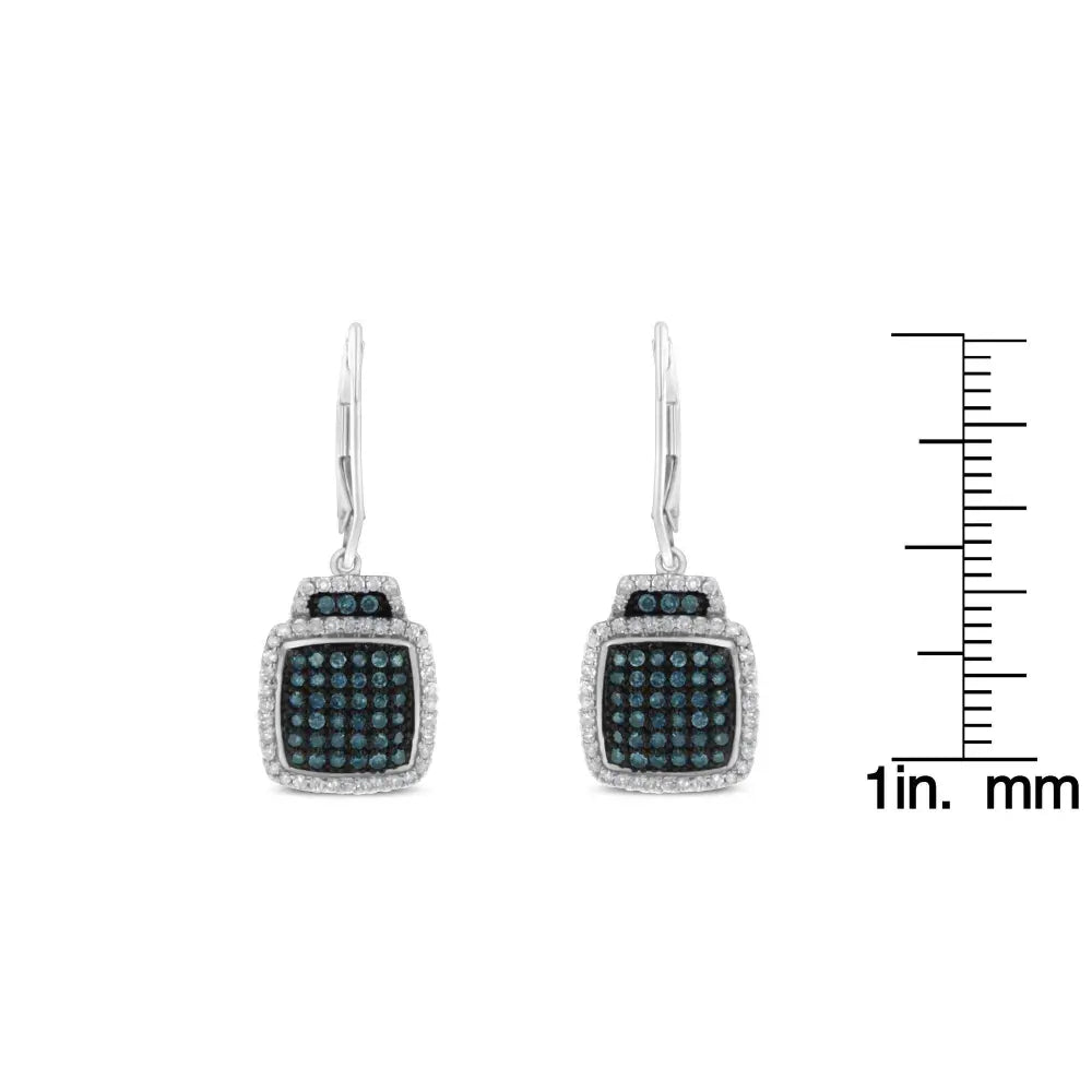 Black Rhodium over .925 Sterling Silver ¾ Cttw Blue and White Diamond Cushion Shaped Dangle Earrings (Enhanced Blue & I-J Color, I2-I3 Clarity) - Bijoux-NYC Direct