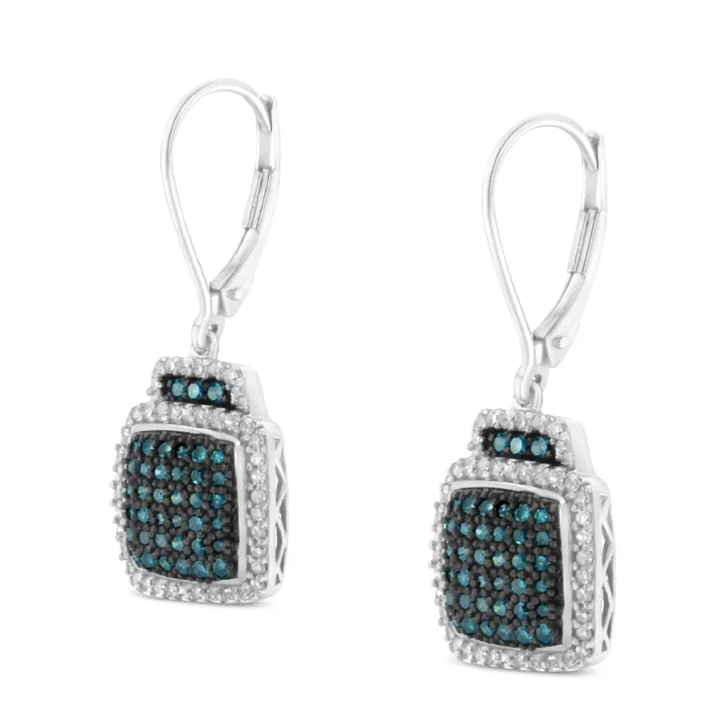 Black Rhodium over .925 Sterling Silver ¾ Cttw Blue and White Diamond Cushion Shaped Dangle Earrings (Enhanced Blue & I-J Color, I2-I3 Clarity) - Bijoux-NYC Direct