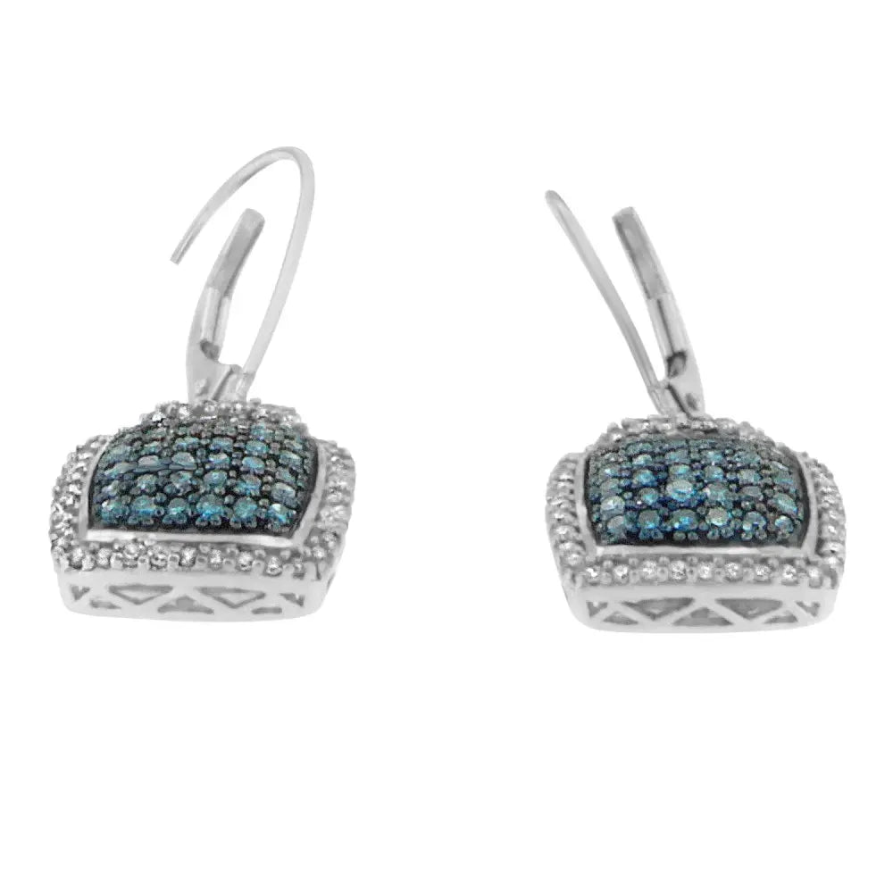 Black Rhodium over .925 Sterling Silver ¾ Cttw Blue and White Diamond Cushion Shaped Dangle Earrings (Enhanced Blue & I-J Color, I2-I3 Clarity) - Bijoux-NYC Direct