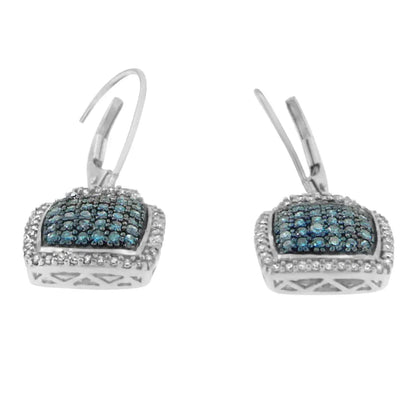 Black Rhodium over .925 Sterling Silver ¾ Cttw Blue and White Diamond Cushion Shaped Dangle Earrings (Enhanced Blue & I-J Color, I2-I3 Clarity) - Bijoux-NYC Direct