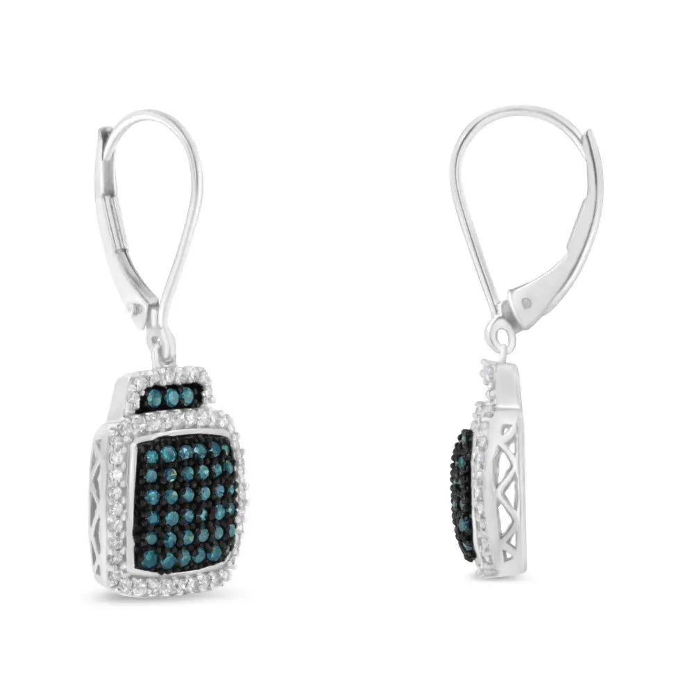 Black Rhodium over .925 Sterling Silver ¾ Cttw Blue and White Diamond Cushion Shaped Dangle Earrings (Enhanced Blue & I-J Color, I2-I3 Clarity) - Bijoux-NYC Direct