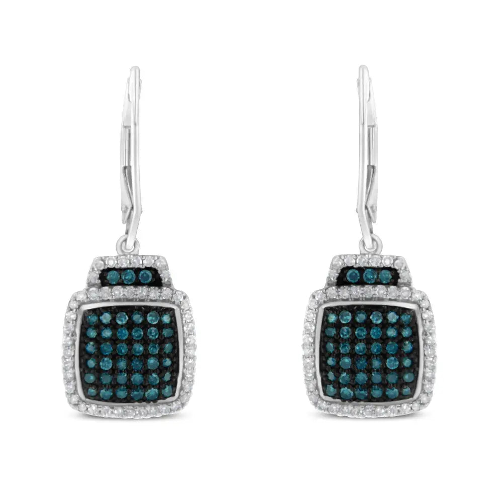 Black Rhodium over .925 Sterling Silver ¾ Cttw Blue and White Diamond Cushion Shaped Dangle Earrings (Enhanced Blue & I-J Color, I2-I3 Clarity) - Bijoux-NYC Direct