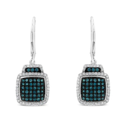 Black Rhodium over .925 Sterling Silver ¾ Cttw Blue and White Diamond Cushion Shaped Dangle Earrings (Enhanced Blue & I-J Color, I2-I3 Clarity) - Bijoux-NYC Direct