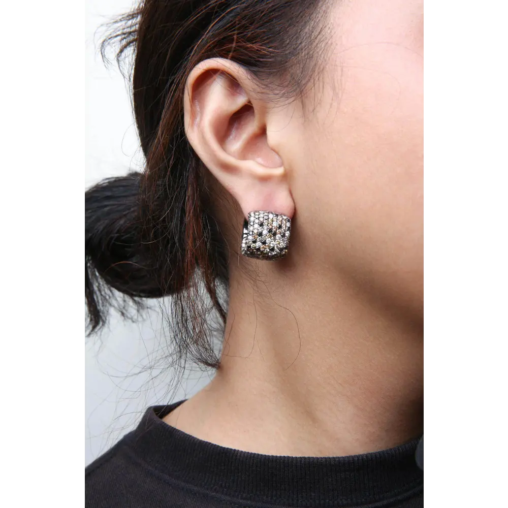 Black Rhodium Plated 18K White Gold 12 5/8 Cttw Multi Color Diamond Square Domed Huggie Hoop Earrings (Brown, Black, G-H Color, SI1-SI2 Clarity) - Bijoux-NYC Direct