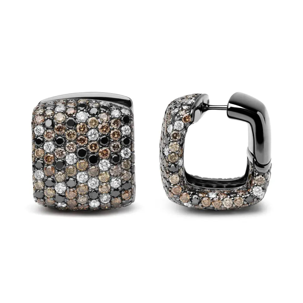 Black Rhodium Plated 18K White Gold 12 5/8 Cttw Multi Color Diamond Square Domed Huggie Hoop Earrings (Brown, Black, G-H Color, SI1-SI2 Clarity) - Bijoux-NYC Direct