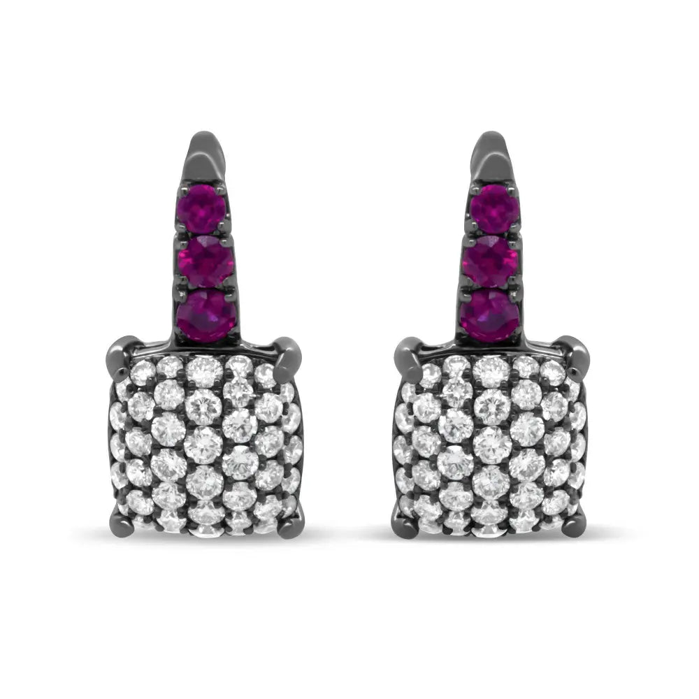 Black Rhodium Plated 18K White Gold 7/8 Cttw Round Diamond and Graduated Red Ruby Drop Earrings (F-G Color, VS1-VS2 Clarity) - Bijoux-NYC Direct