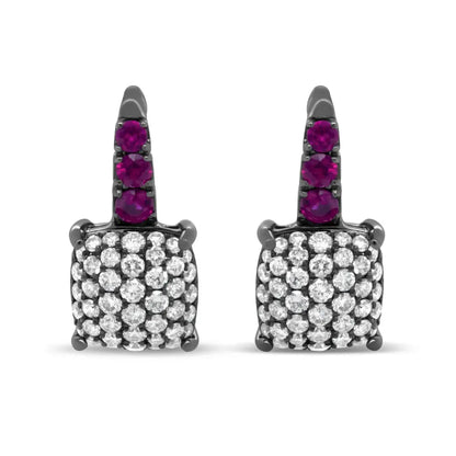 Black Rhodium Plated 18K White Gold 7/8 Cttw Round Diamond and Graduated Red Ruby Drop Earrings (F-G Color, VS1-VS2 Clarity) - Bijoux-NYC Direct