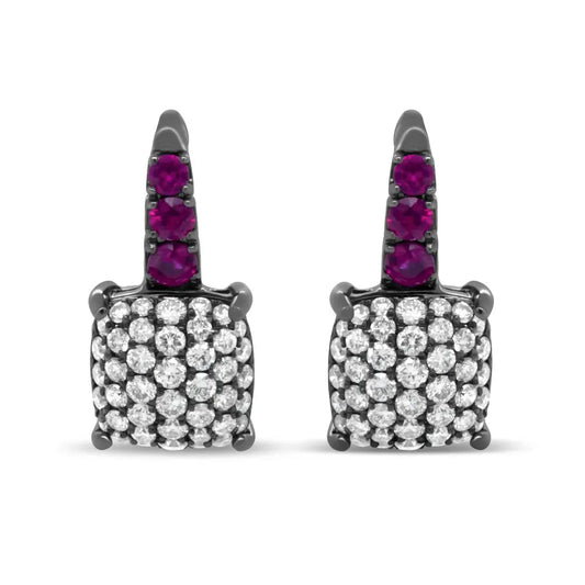 Black Rhodium Plated 18K White Gold 7/8 Cttw Round Diamond and Graduated Red Ruby Drop Earrings (F-G Color, VS1-VS2 Clarity) - Bijoux-NYC Direct