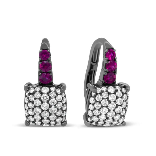 Black Rhodium Plated 18K White Gold 7/8 Cttw Round Diamond and Graduated Red Ruby Drop Earrings (F-G Color, VS1-VS2 Clarity) - Bijoux-NYC Direct