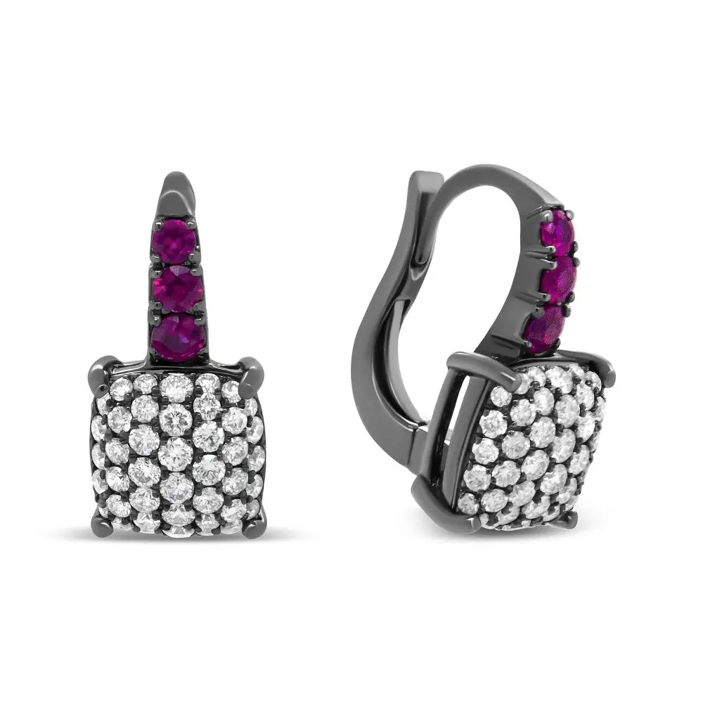 Black Rhodium Plated 18K White Gold 7/8 Cttw Round Diamond and Graduated Red Ruby Drop Earrings (F-G Color, VS1-VS2 Clarity) - Bijoux-NYC Direct