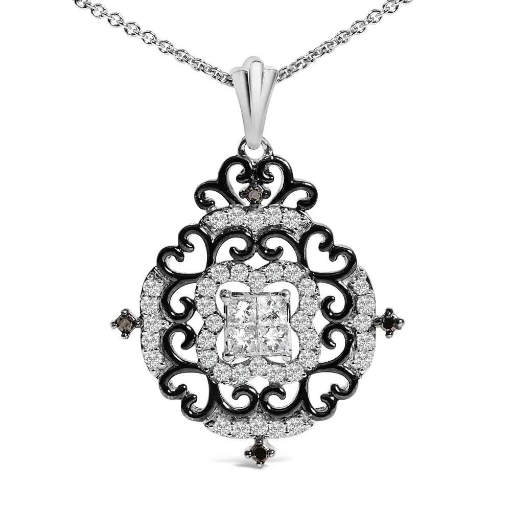3/4 cttw diamond ornate medallion black rhodium sterling silver necklace bijoux-nyc direct